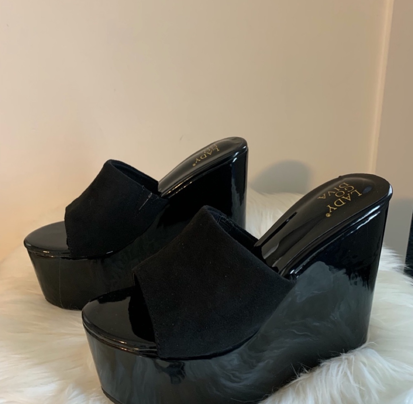 Black Patent Leather Platform Wedge Sandals