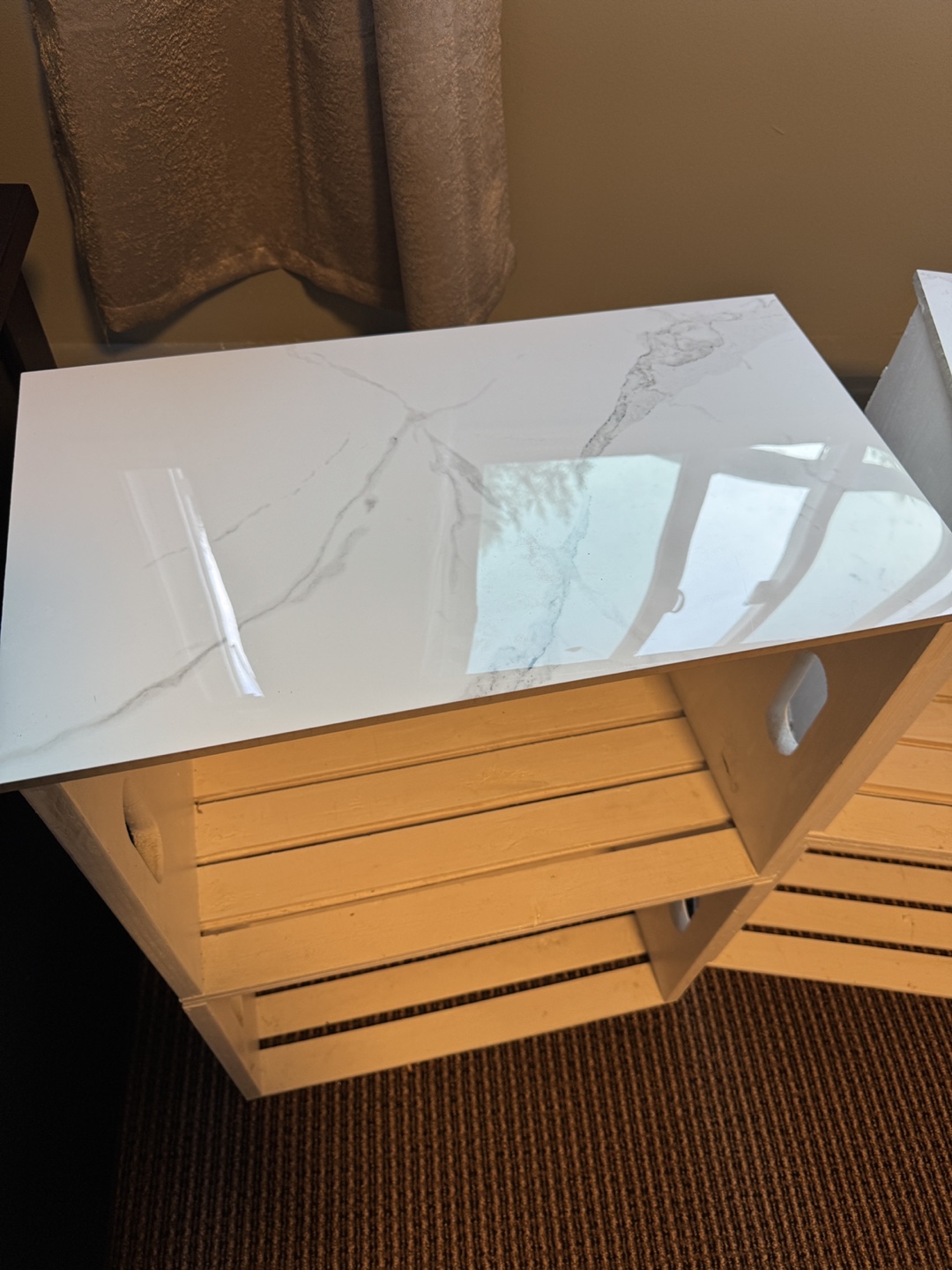 Pair of Whitewashed Wooden Crate Nightstands with Marble Tops - photo 2