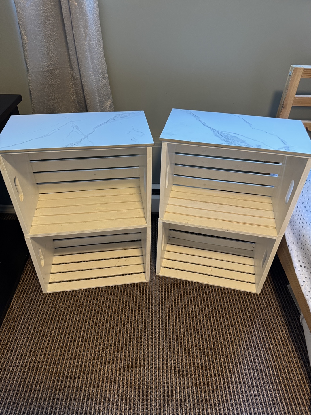 Pair of Whitewashed Wooden Crate Nightstands with Marble Tops