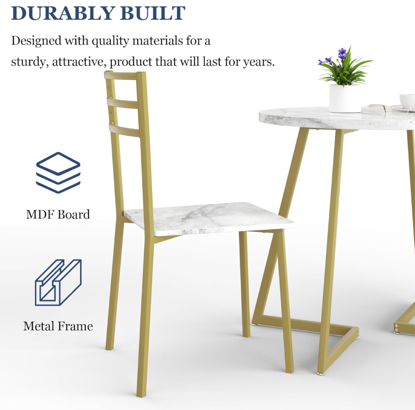 3-Piece Dining Set: Round Marble Table & Two Chairs - photo 3