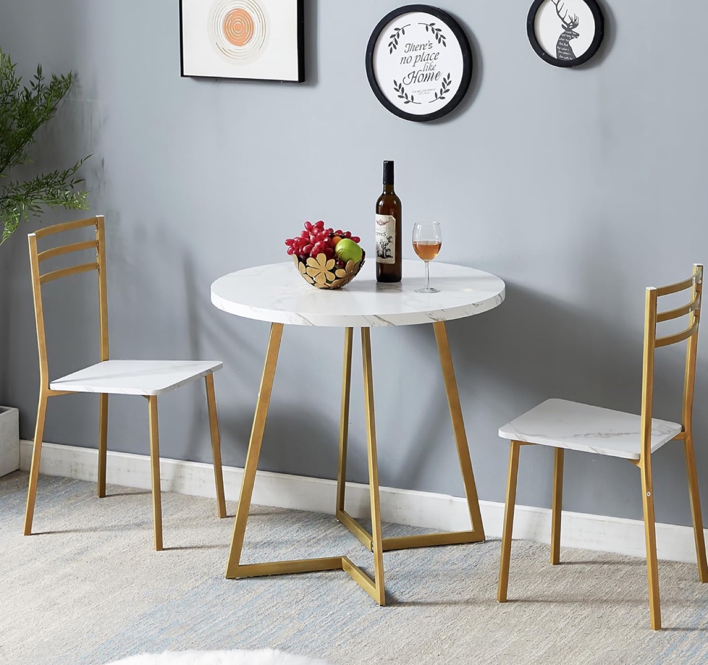 3-Piece Dining Set: Round Marble Table & Two Chairs