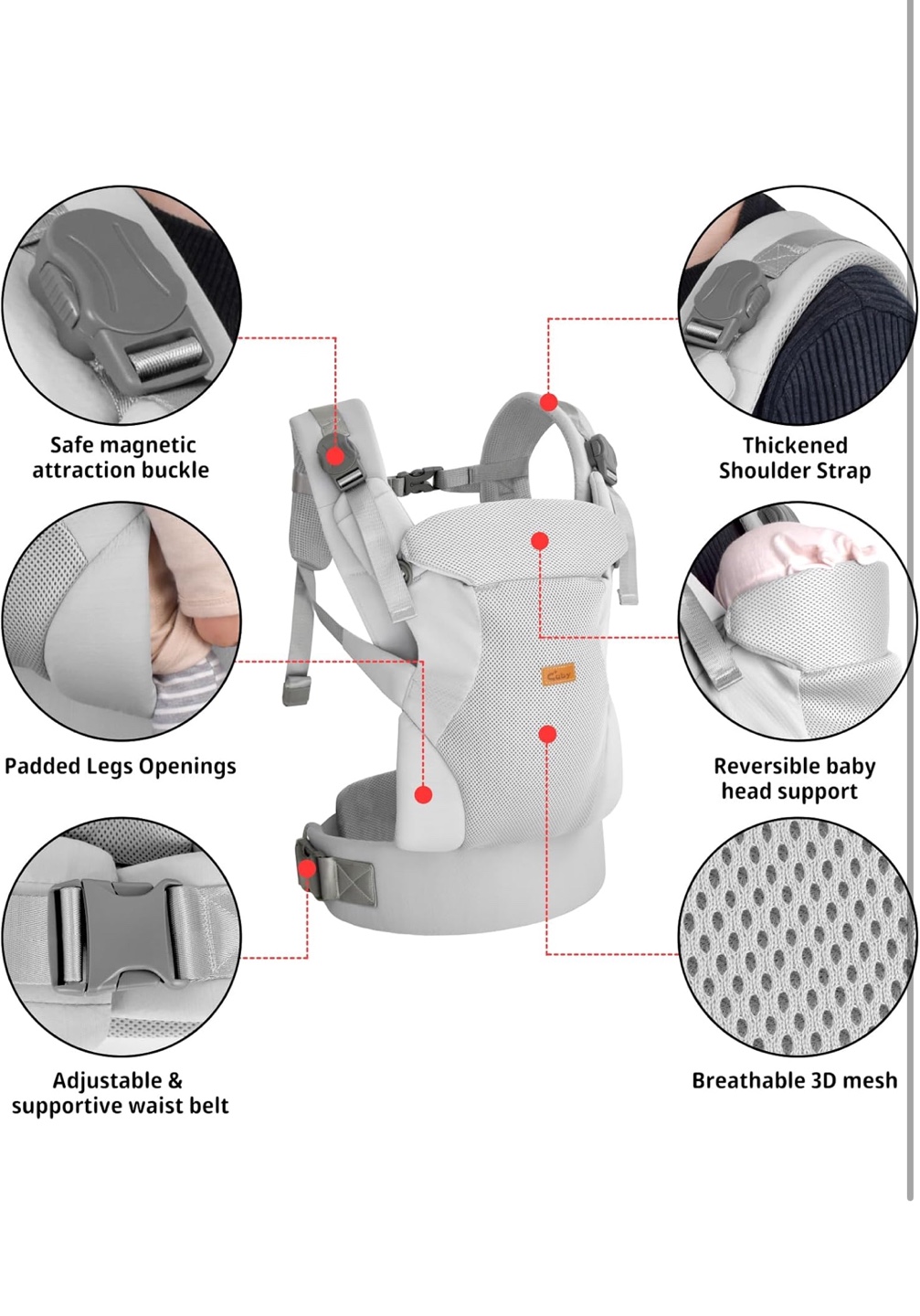 Baby Carrier - Ergonomic Design, Breathable Mesh, Grey - photo 3