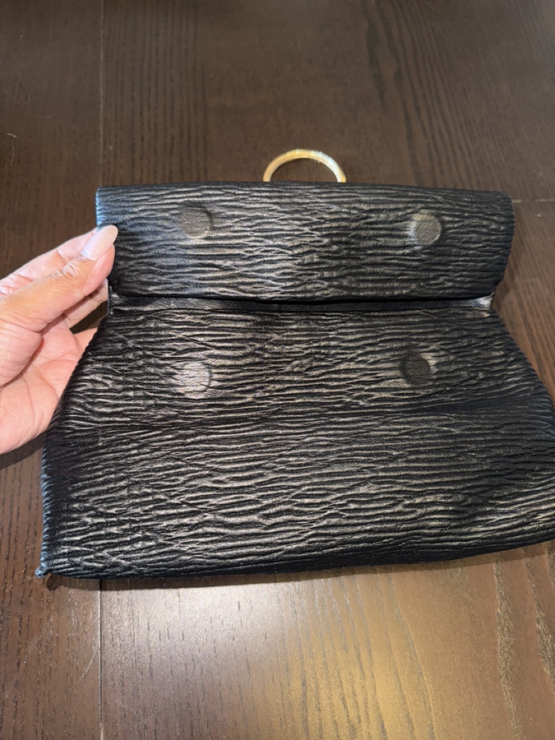 Black Textured Clutch with Gold Chain Strap - photo 3