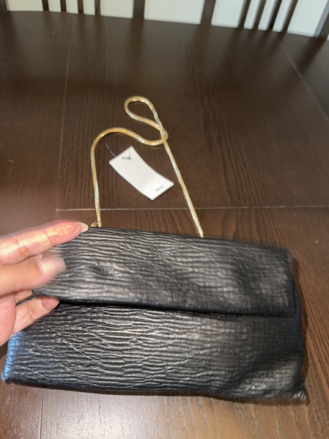 Black Textured Clutch with Gold Chain Strap - photo 2
