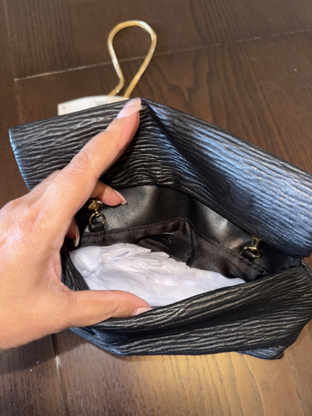 Black Textured Clutch with Gold Chain Strap - photo 4