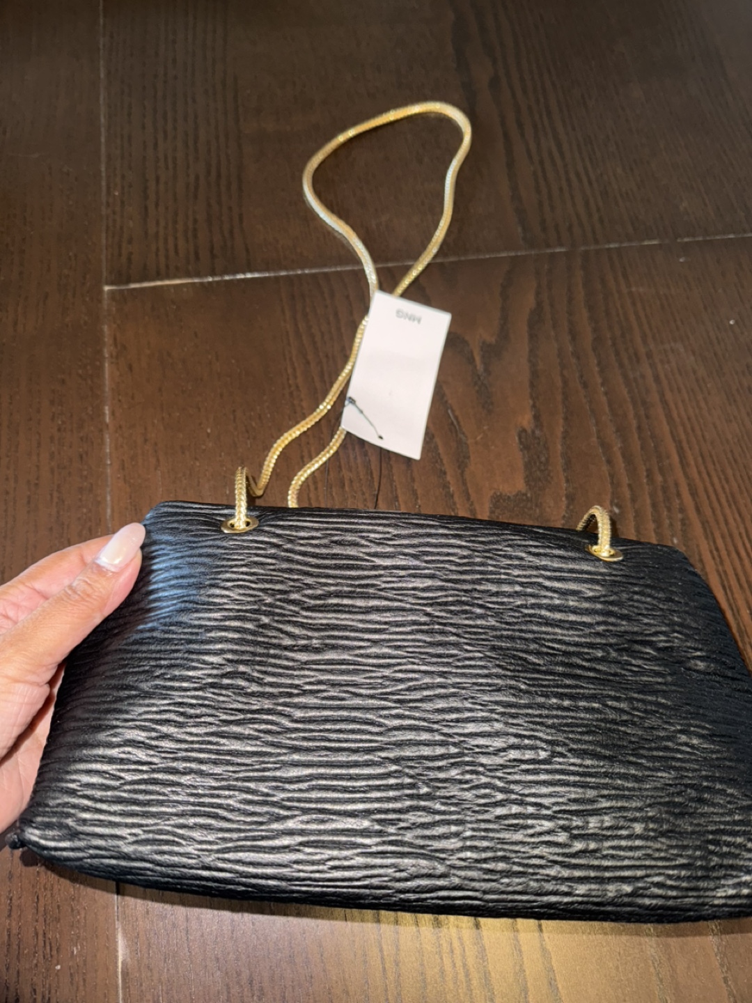Black Textured Clutch with Gold Chain Strap - photo 5