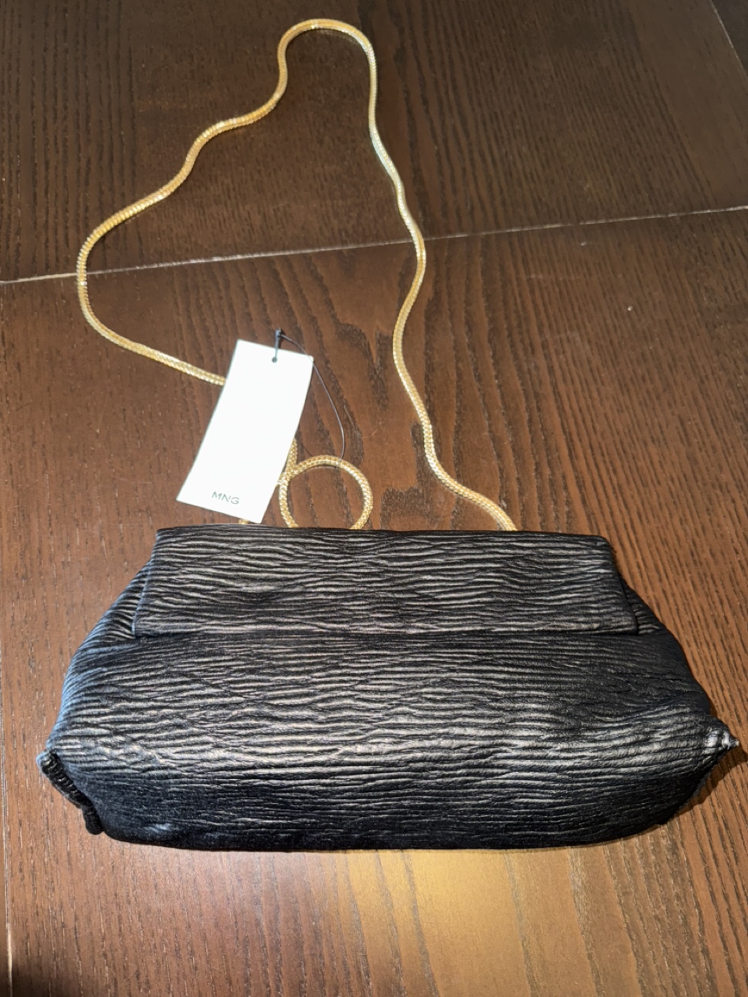 Black Textured Clutch with Gold Chain Strap