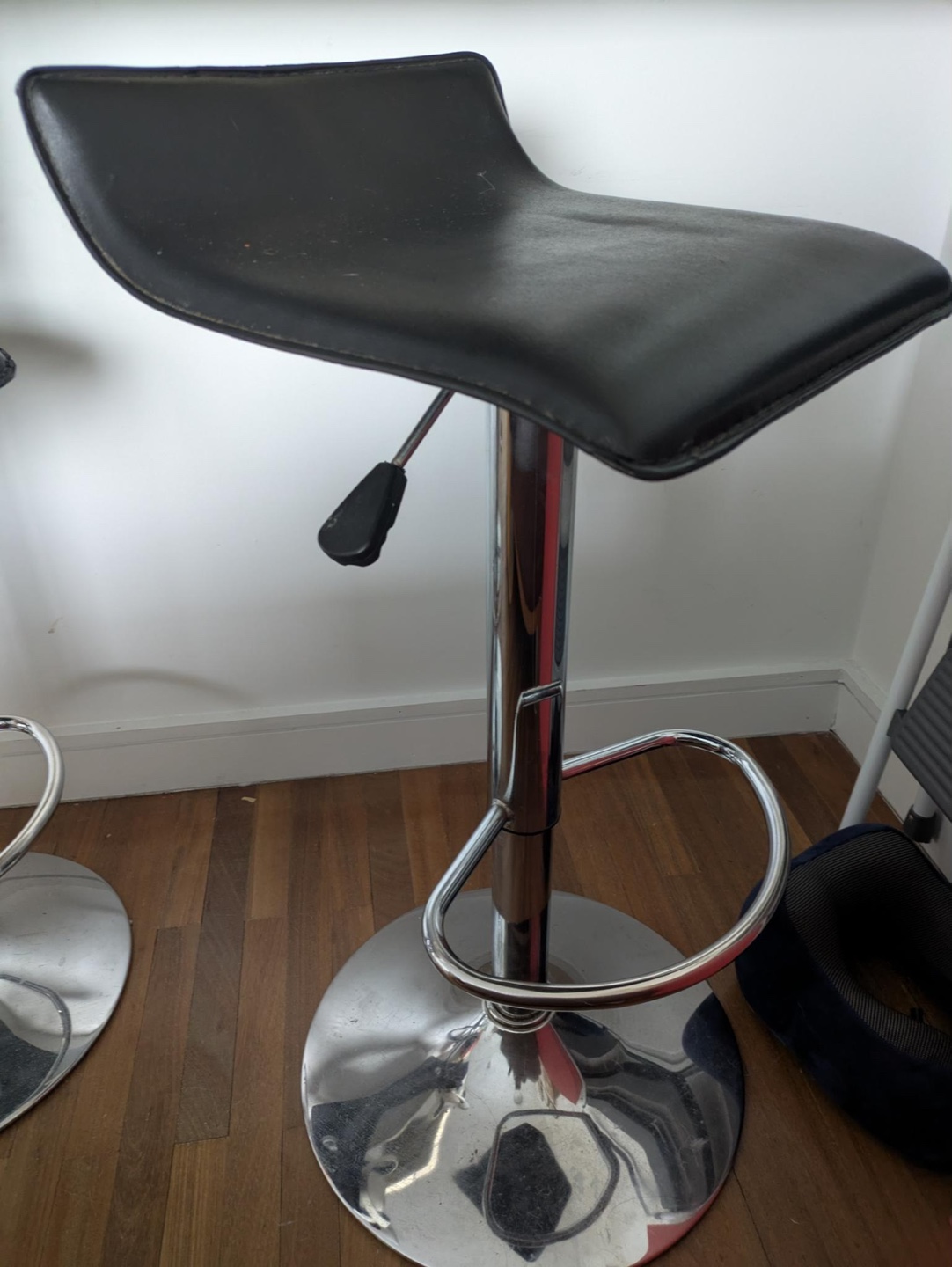 Adjustable Height Bar Stool - Black Leather Seat & Chrome Base