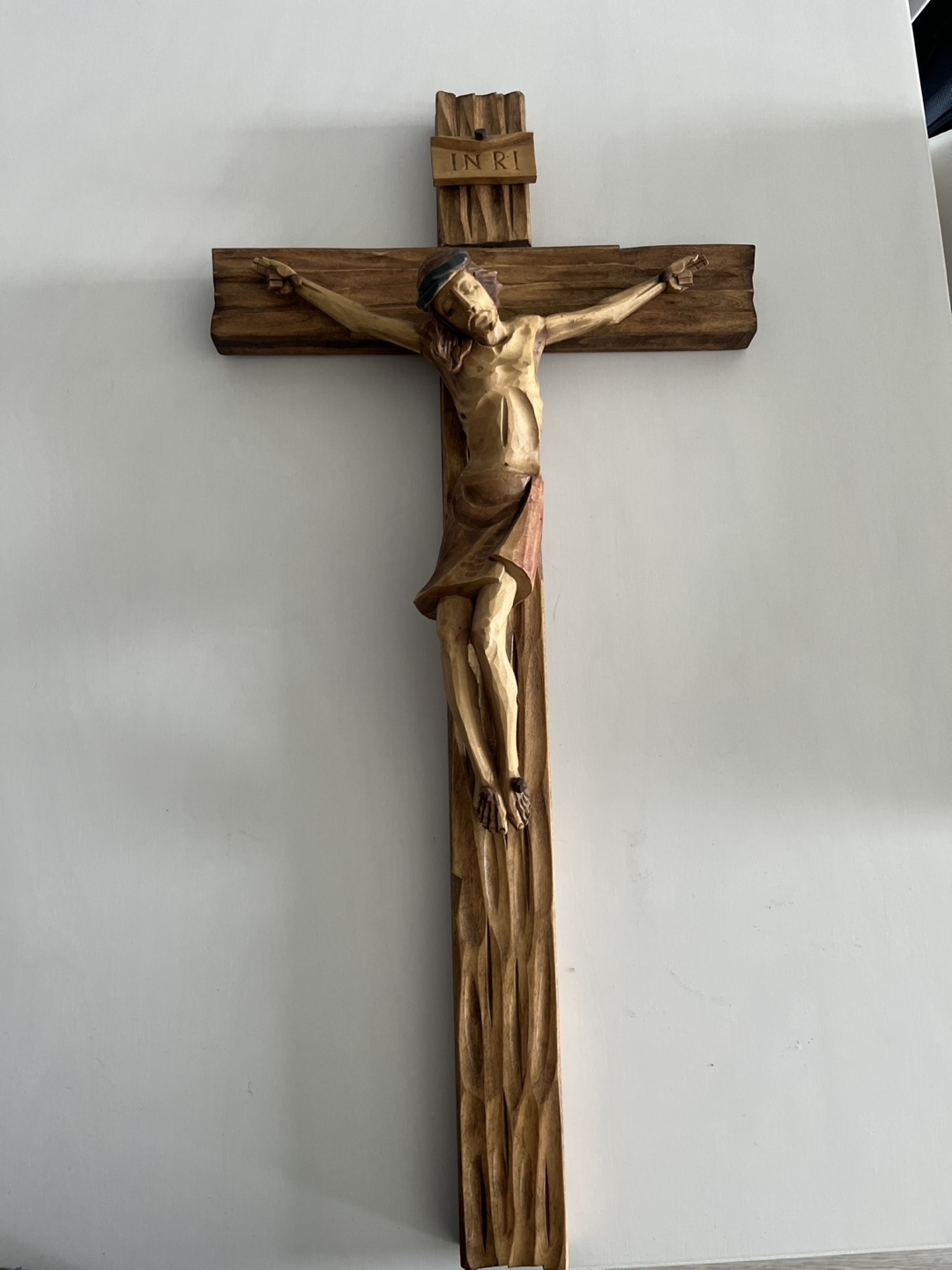 Large Hand-Carved Wooden Crucifix – Jesus on the Cross with INRI