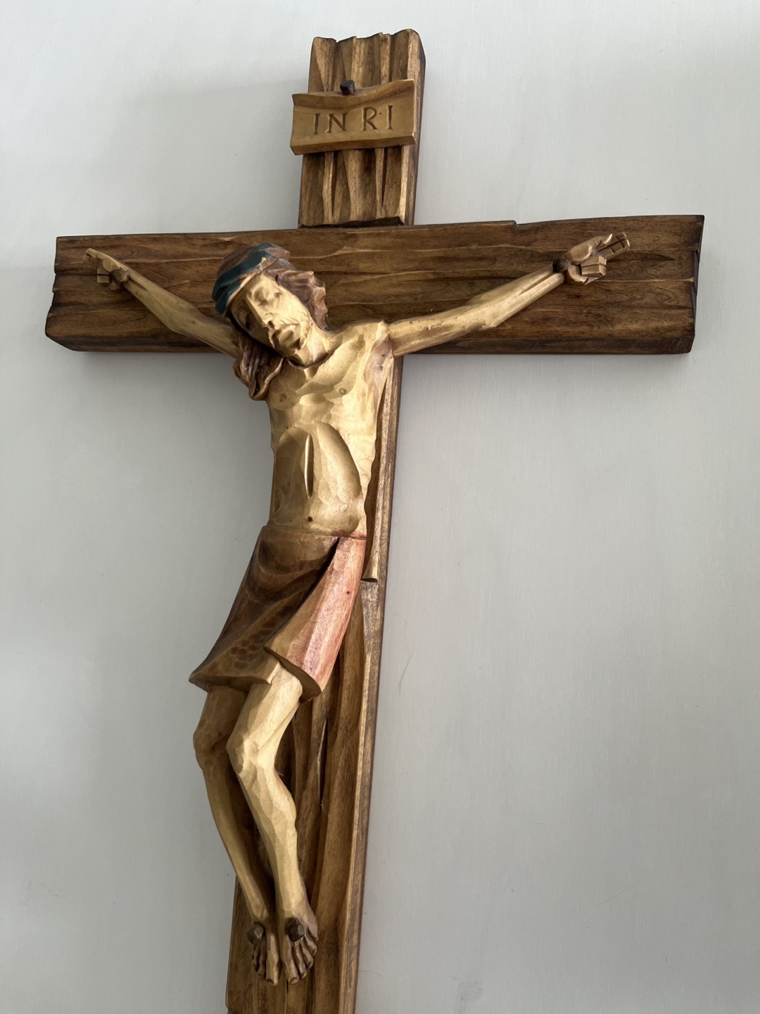 Large Hand-Carved Wooden Crucifix – Jesus on the Cross with INRI - photo 2