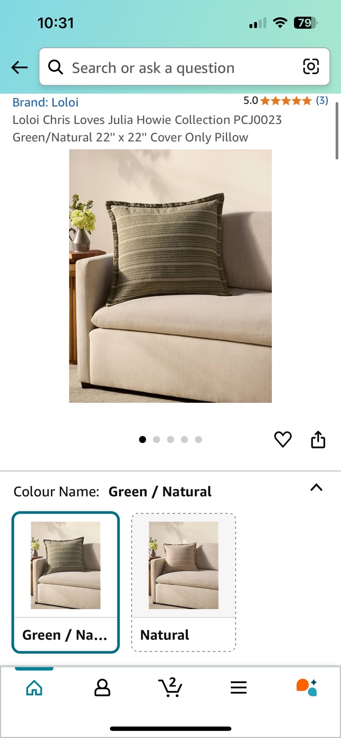 Loloi Chris Loves Julia Pillow Cover - Green/Natural 22" x 22"