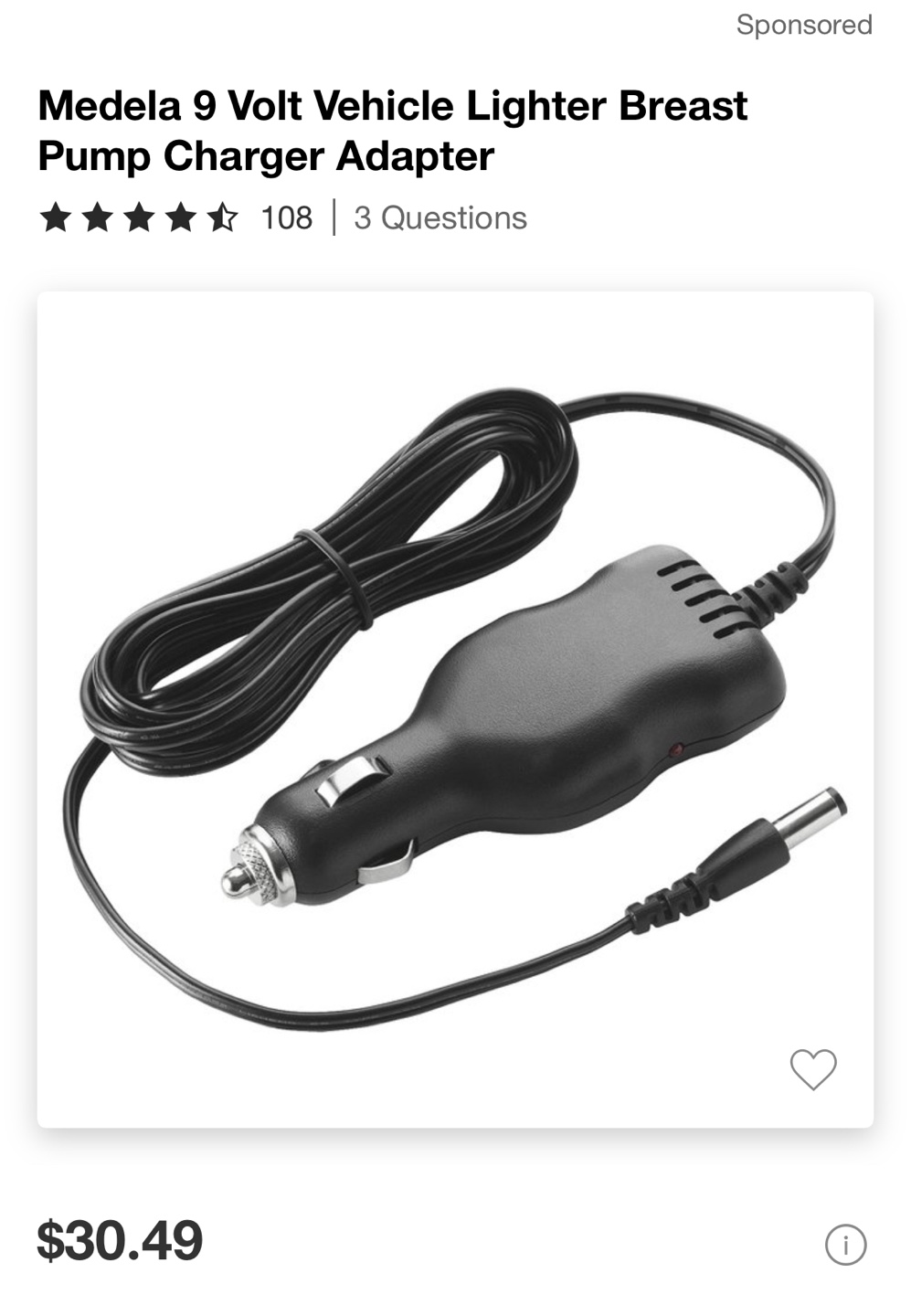 Medela 9V Breast Pump Car Charger Adapter - photo 2