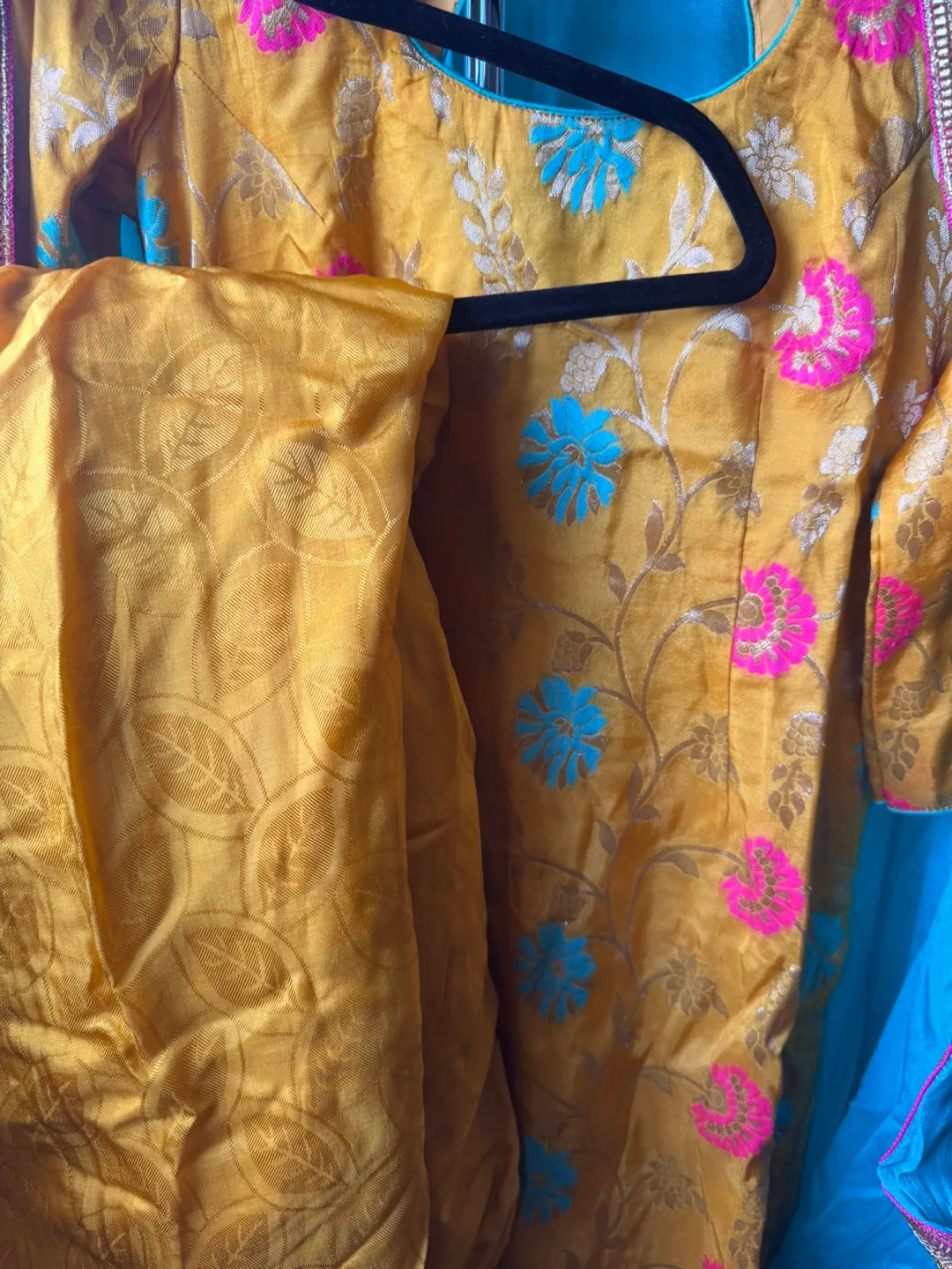 Gorgeous Mustard Yellow & Teal Floral Punjabi Suit thumbnail