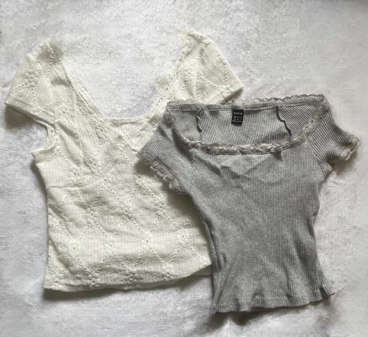 Two Women's Tops - White Eyelet and Grey Ribbed Lace Trim thumbnail