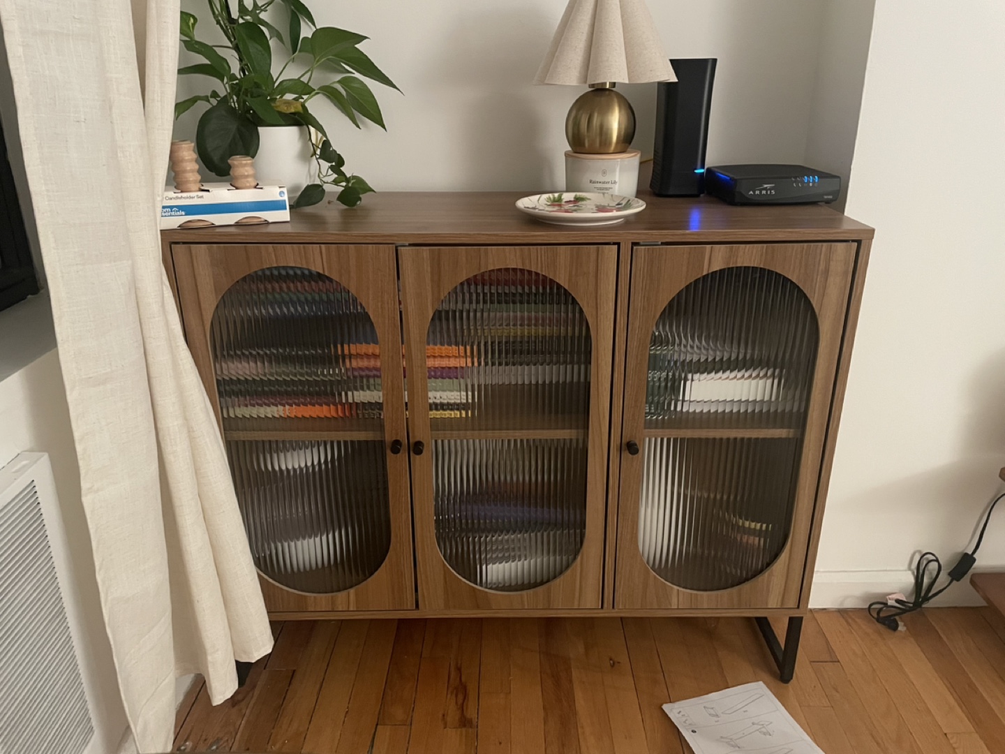 Mid-Century Modern 3-Door Cabinet with Glass Panels