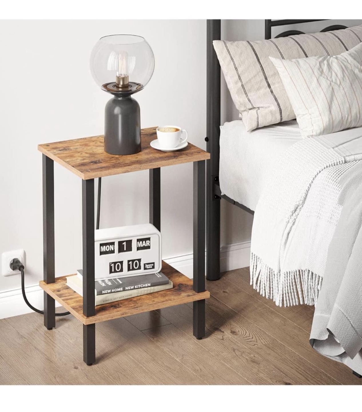Rustic Brown Two-Tier End Table with Black Metal Frame