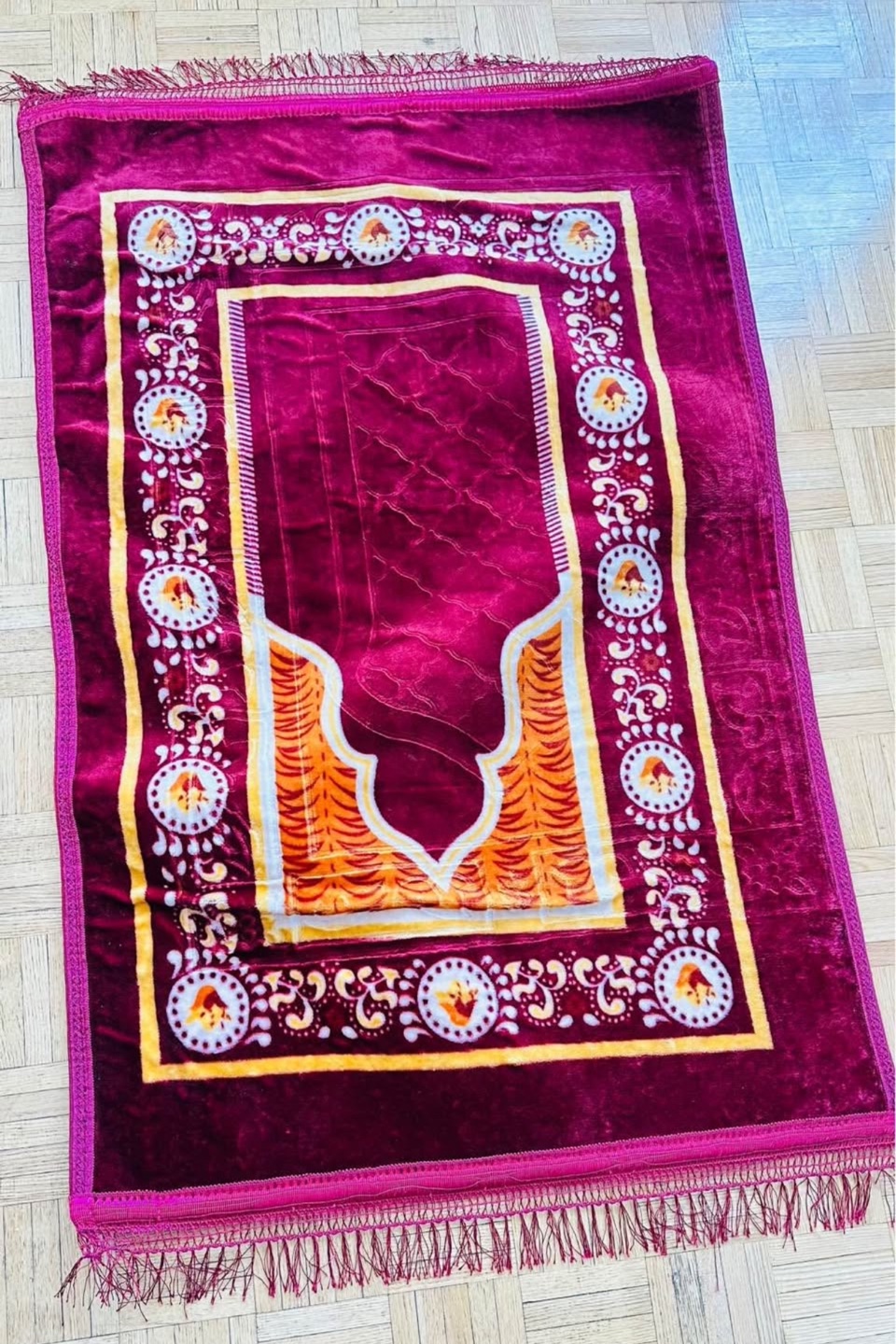 Burgundy Prayer Mat with Orange and Gold Detail