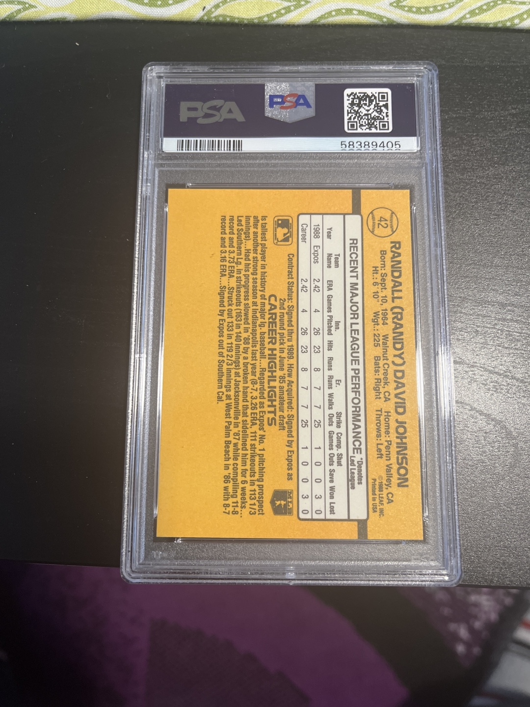 1989 Donruss Randy Johnson Rookie Card #42 PSA 9 - photo 3