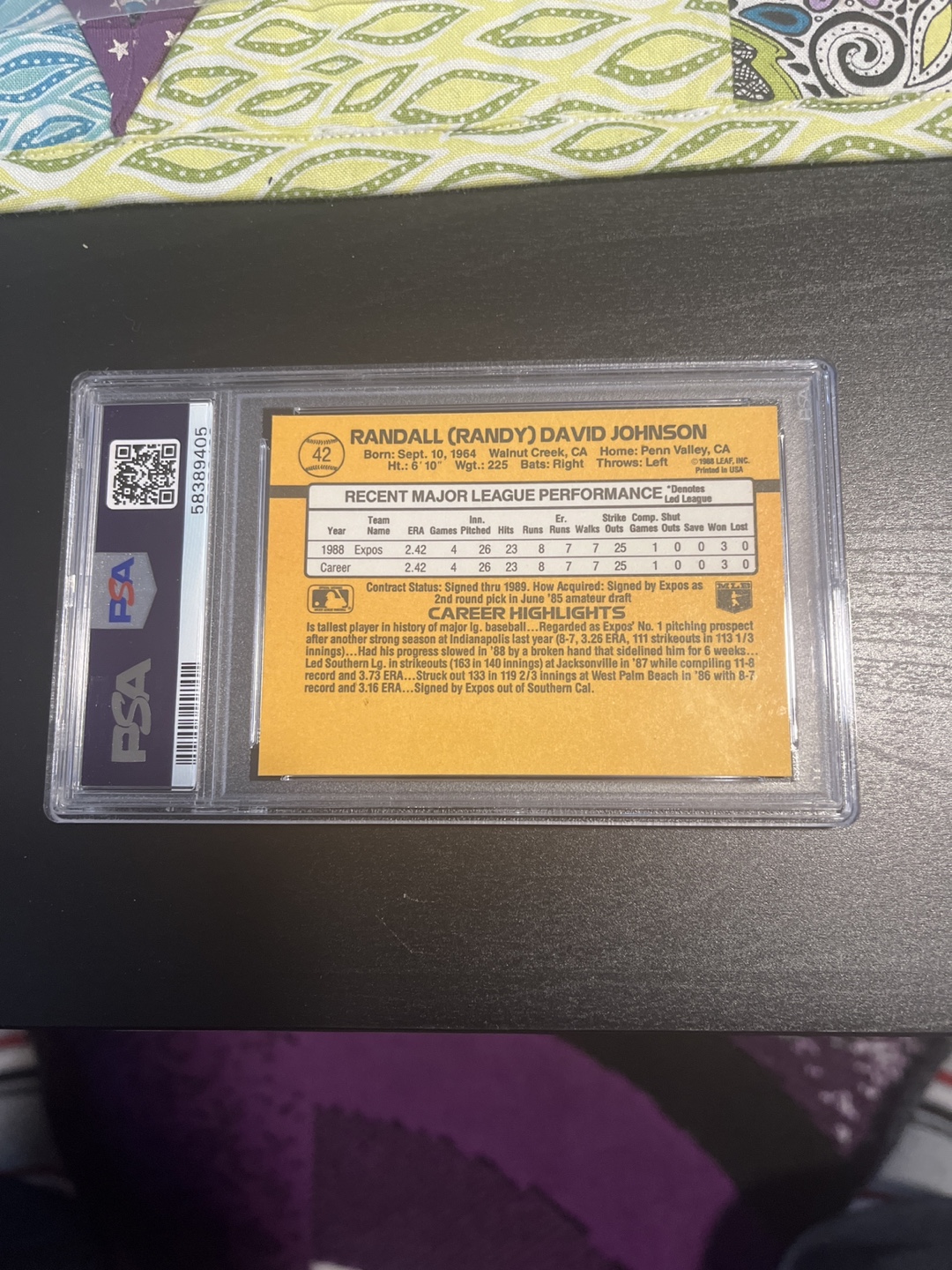 1989 Donruss Randy Johnson Rookie Card #42 PSA 9 - photo 2