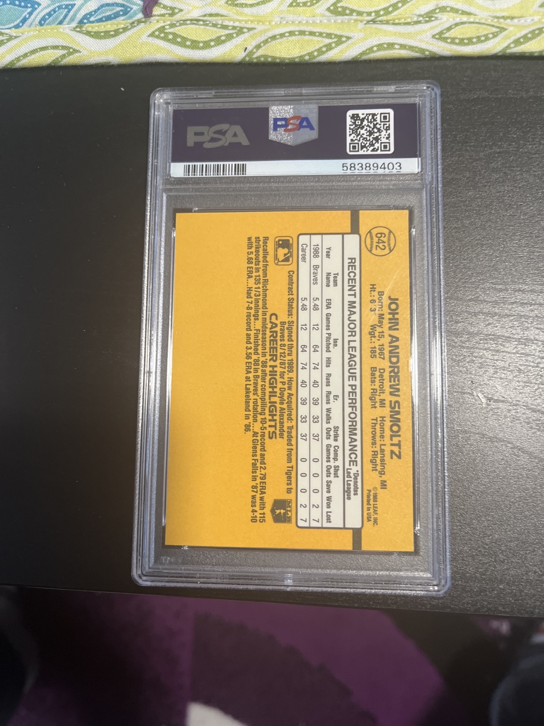 1989 Donruss John Smoltz #642 PSA 9 - photo 2