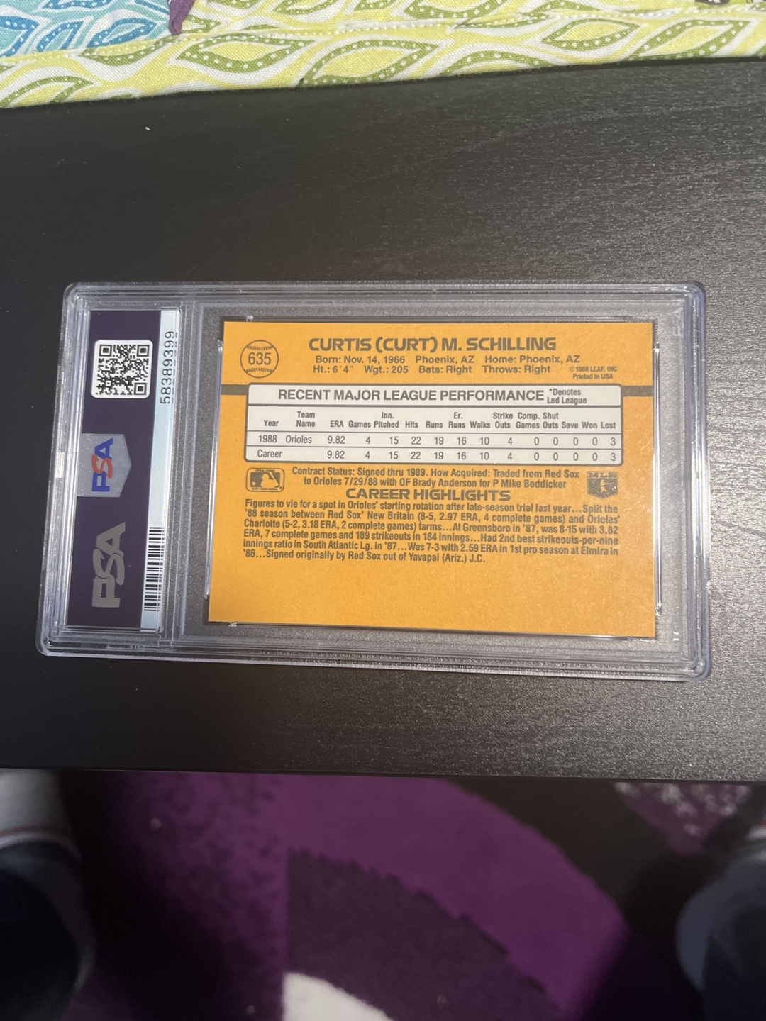 1989 Donruss Curt Schilling #635 PSA 9 Graded Card - photo 3