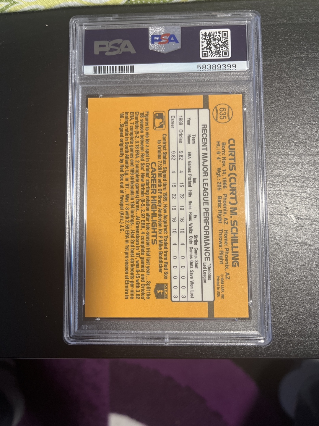 1989 Donruss Curt Schilling #635 PSA 9 Graded Card - photo 2