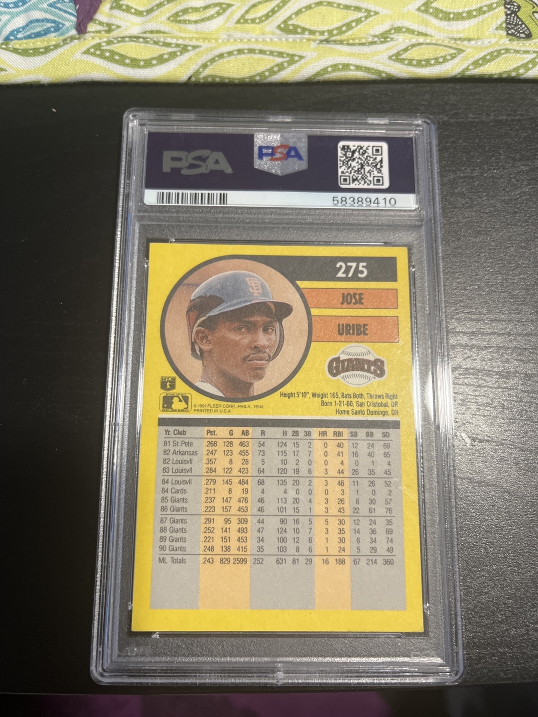 Wrong birth Year-1991 Fleer Jose Uribe #275 Baseball Card PSA - photo 2