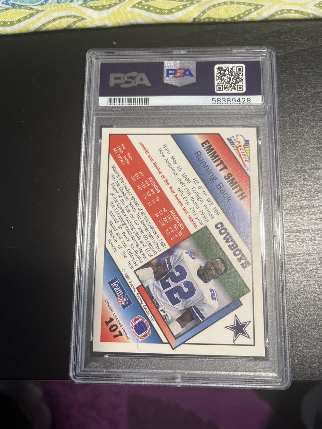 1991 Pacific Emmitt Smith #107 Rookie Card PSA Graded NM7 - photo 3