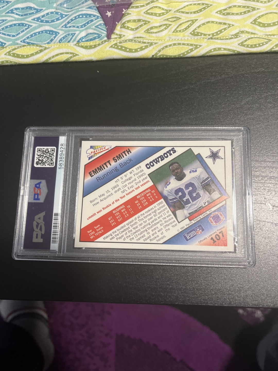 1991 Pacific Emmitt Smith #107 Rookie Card PSA Graded NM7 - photo 2