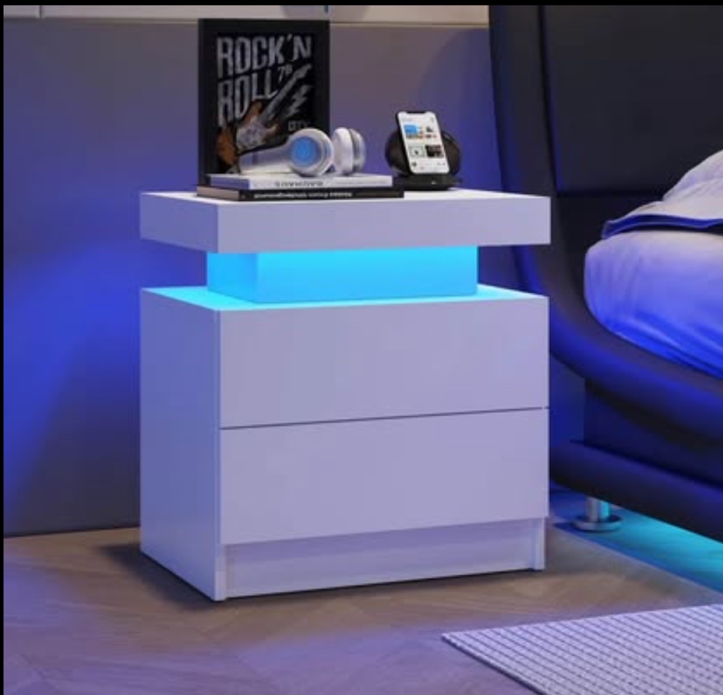White LED Nightstand with Two Drawers