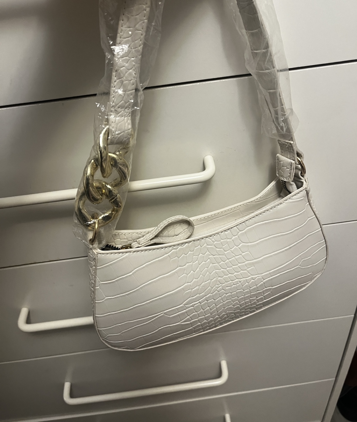 White Crocodile-Embossed Baguette Bag with Gold Chain Strap