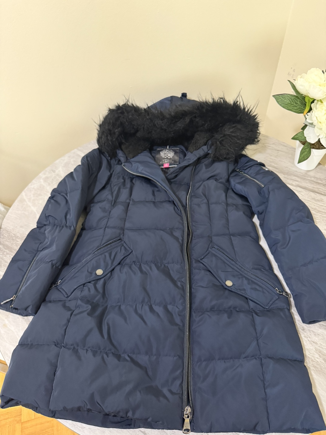 Vince Camuto Women's Navy Blue Puffer Jacket with Faux Fur Hood