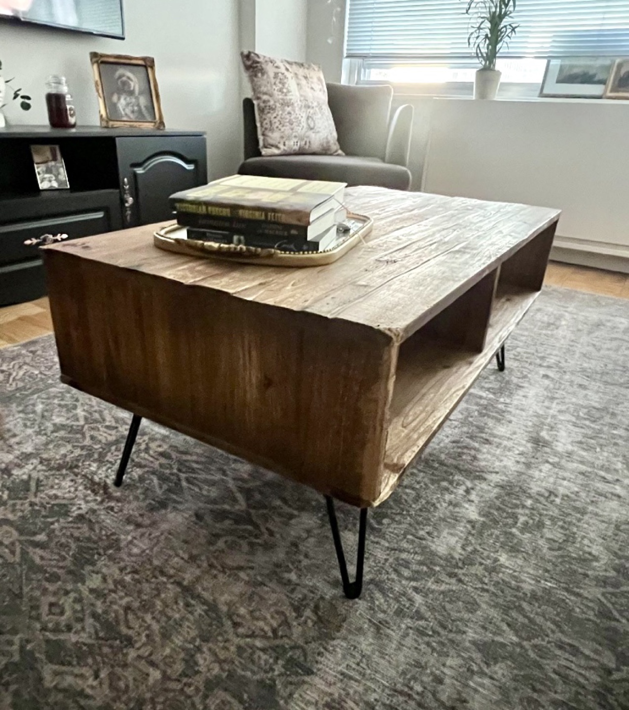 Rustic Wooden Coffee Table with Black Hairpin Legs (Deliverable)