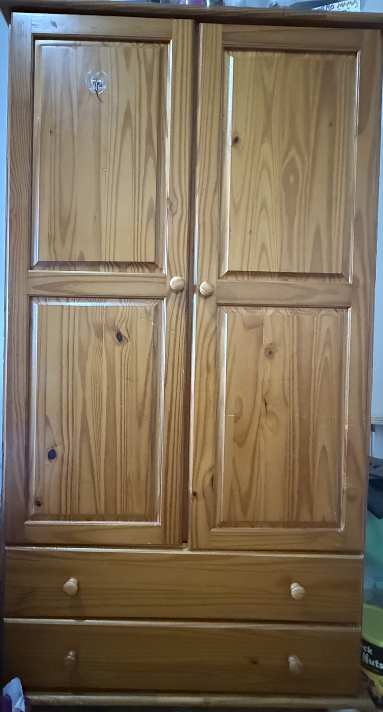 Solid Pine Wood Armoire with Two Drawers