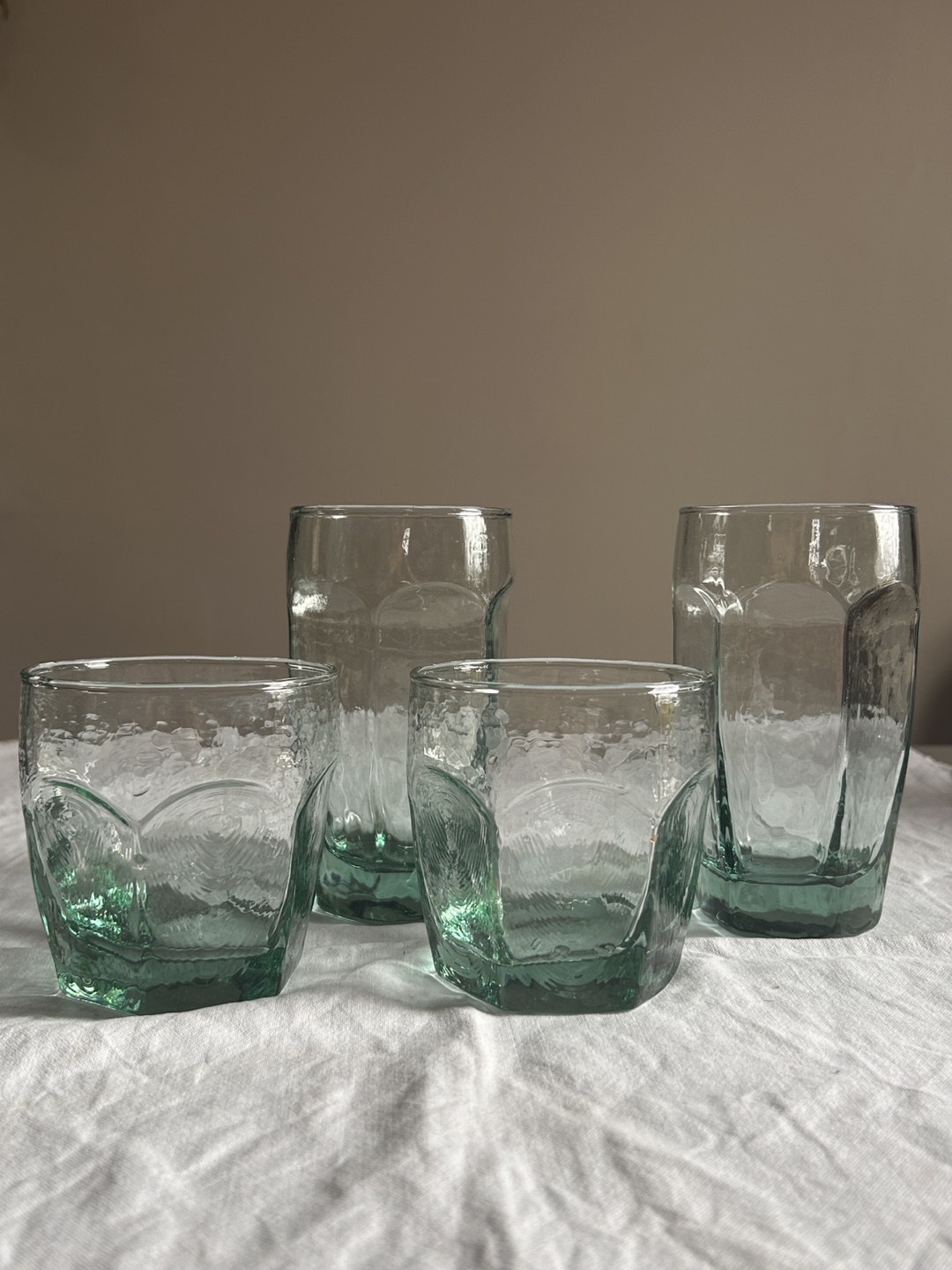 Set of Four Green Hammered Glass Tumblers