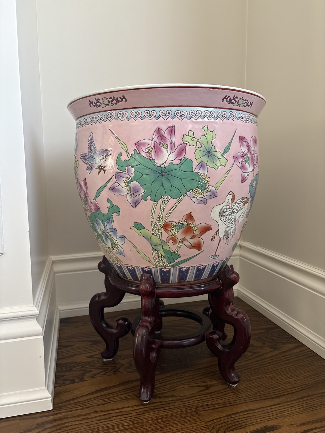 Large Asian-Style Porcelain Planter with Stand