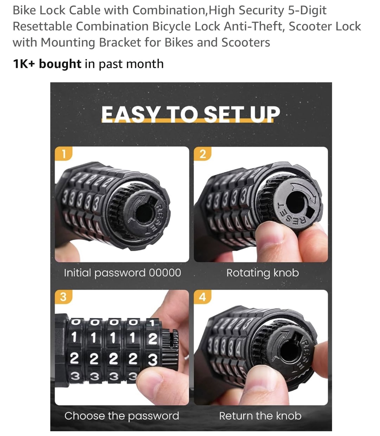 Resetable Combination Bike Lock with Mount - photo 2