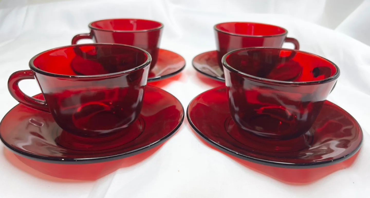 4 vintage Royal Ruby red depression glass cups and saucers. image indicator(3)