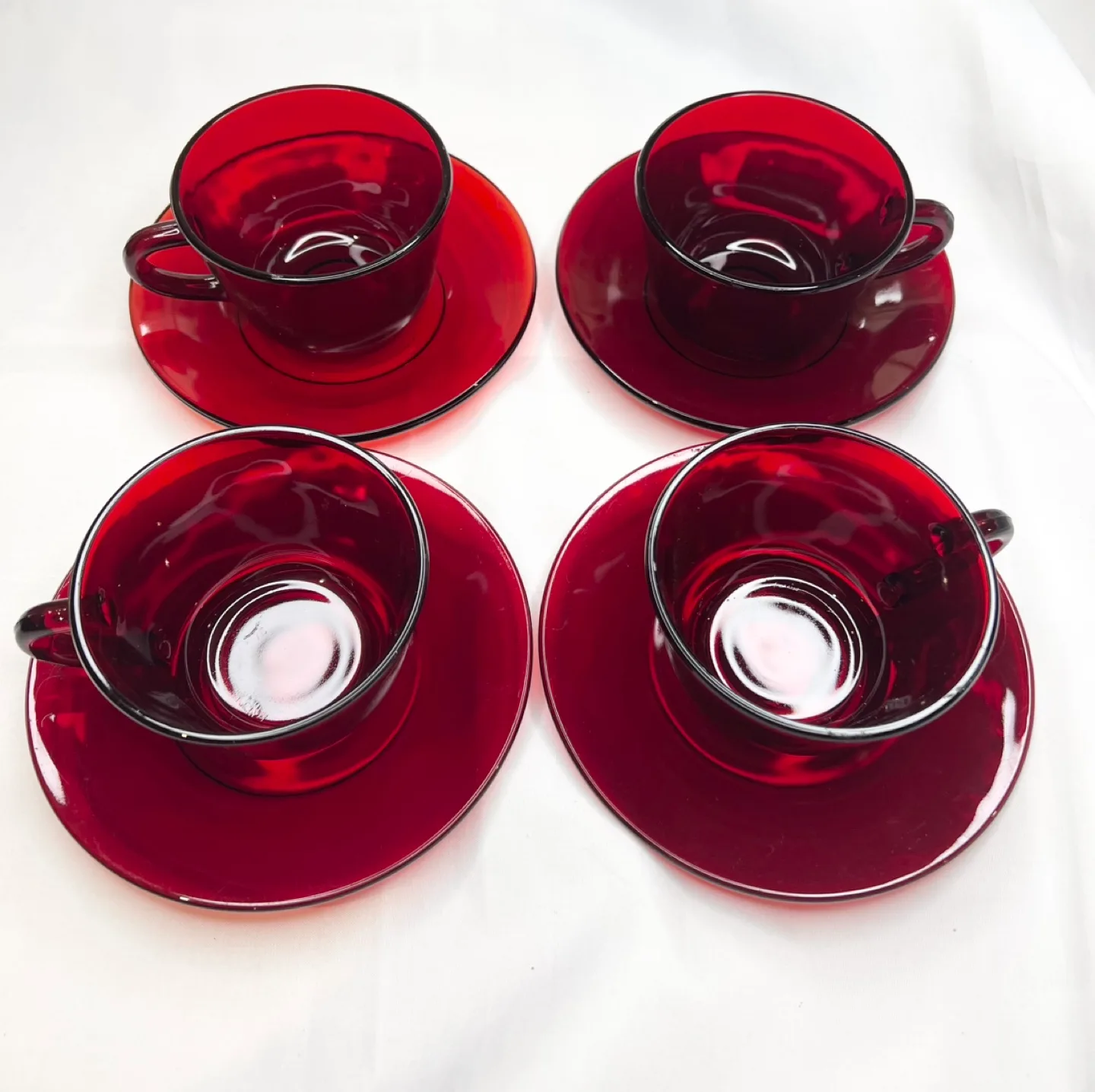 4 vintage Royal Ruby red depression glass cups and saucers. image indicator(2)