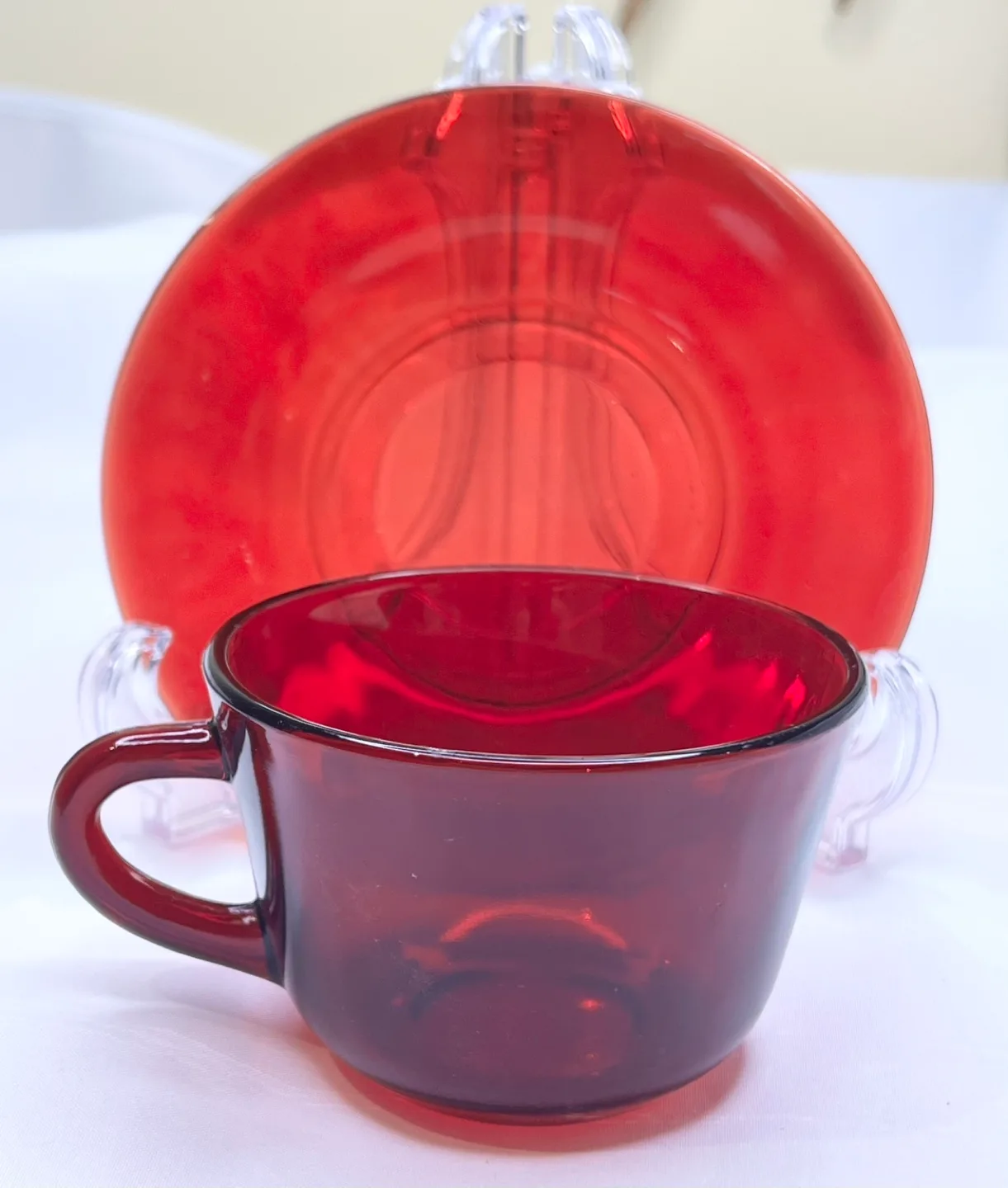 4 vintage Royal Ruby red depression glass cups and saucers. image indicator(4)