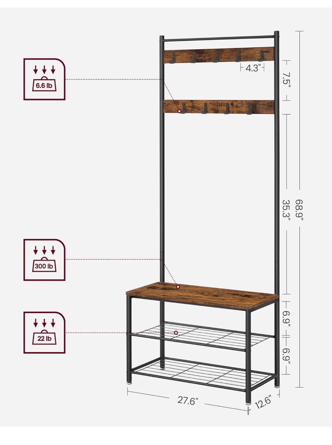 VASAGLE Coat Rack, Bench, Shoe Rack - photo 3