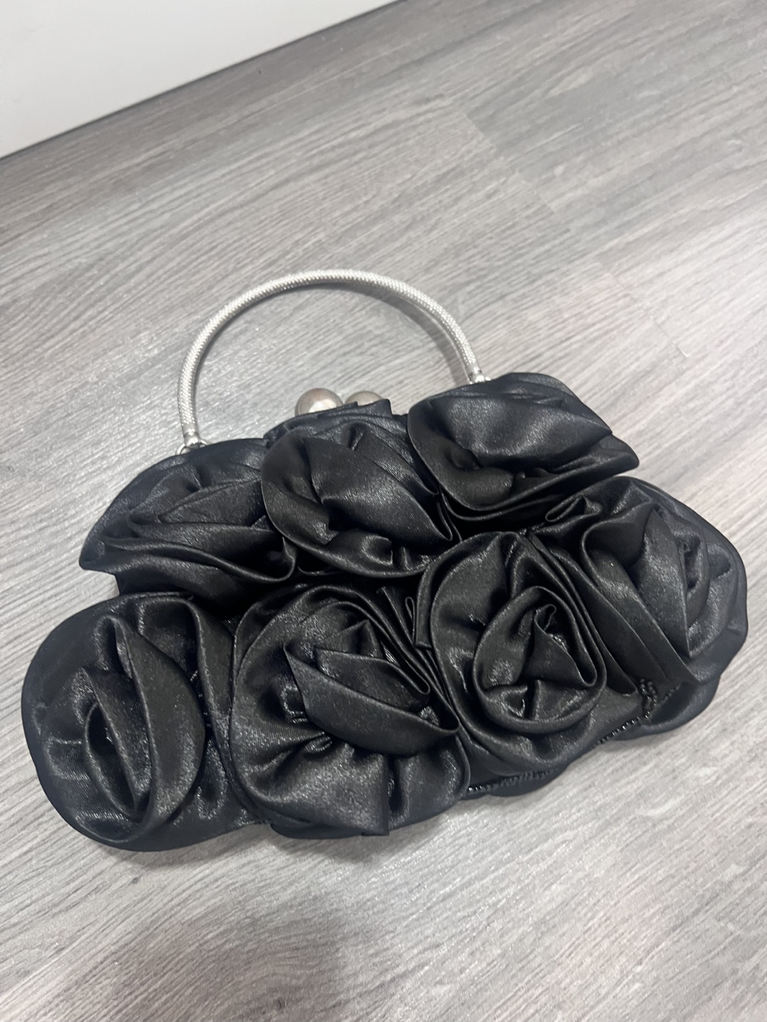 Black Satin Rose Clutch Evening Bag