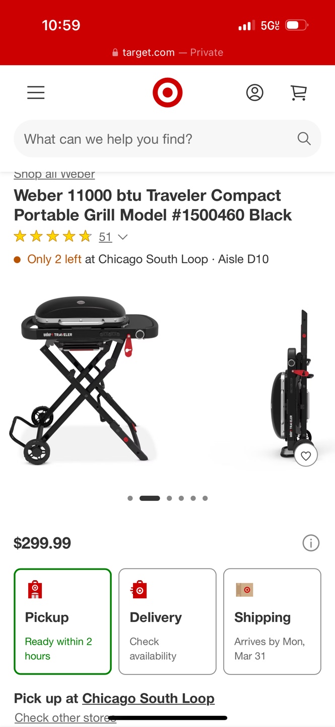 Weber 11000 BTU Traveler Compact Portable Grill