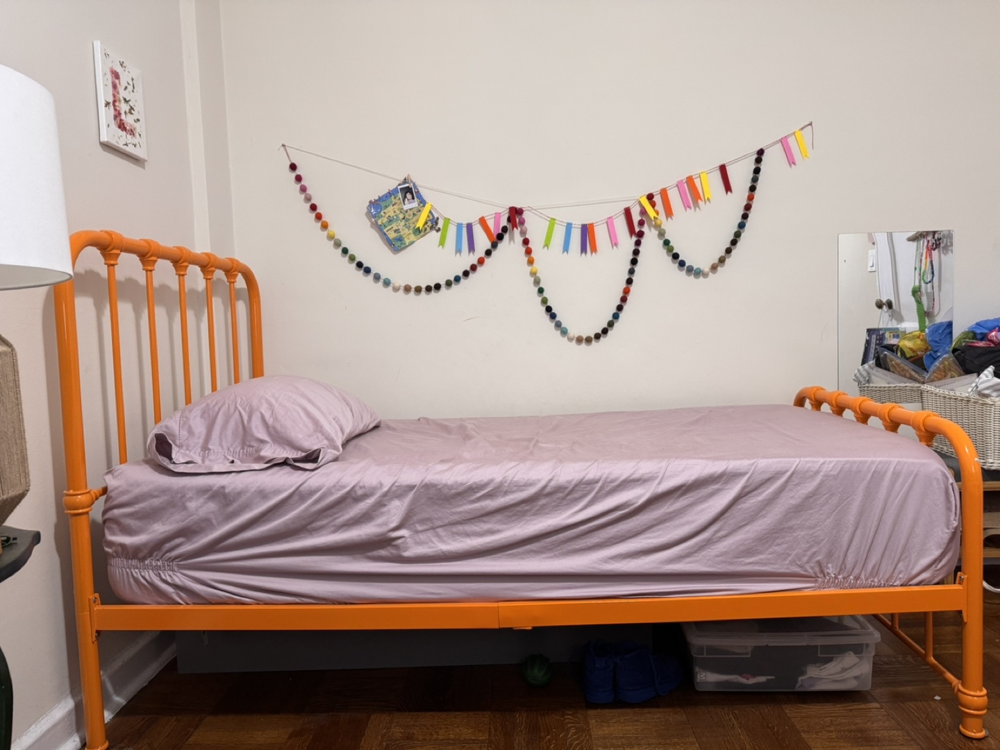 Twin sized metal Orange colored bed frame. - photo 2