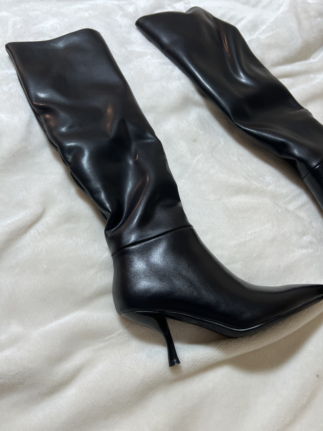 Black Knee-High Slouch Boots with Kitten Heels