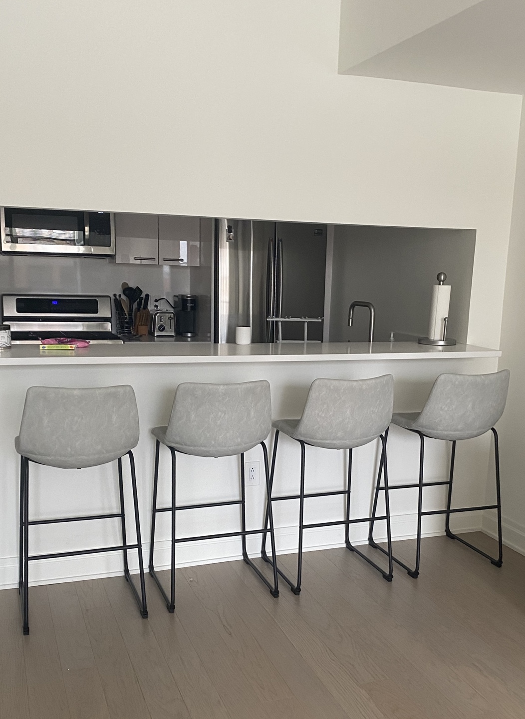 Light Gray Bar Stools with Black Metal Legs