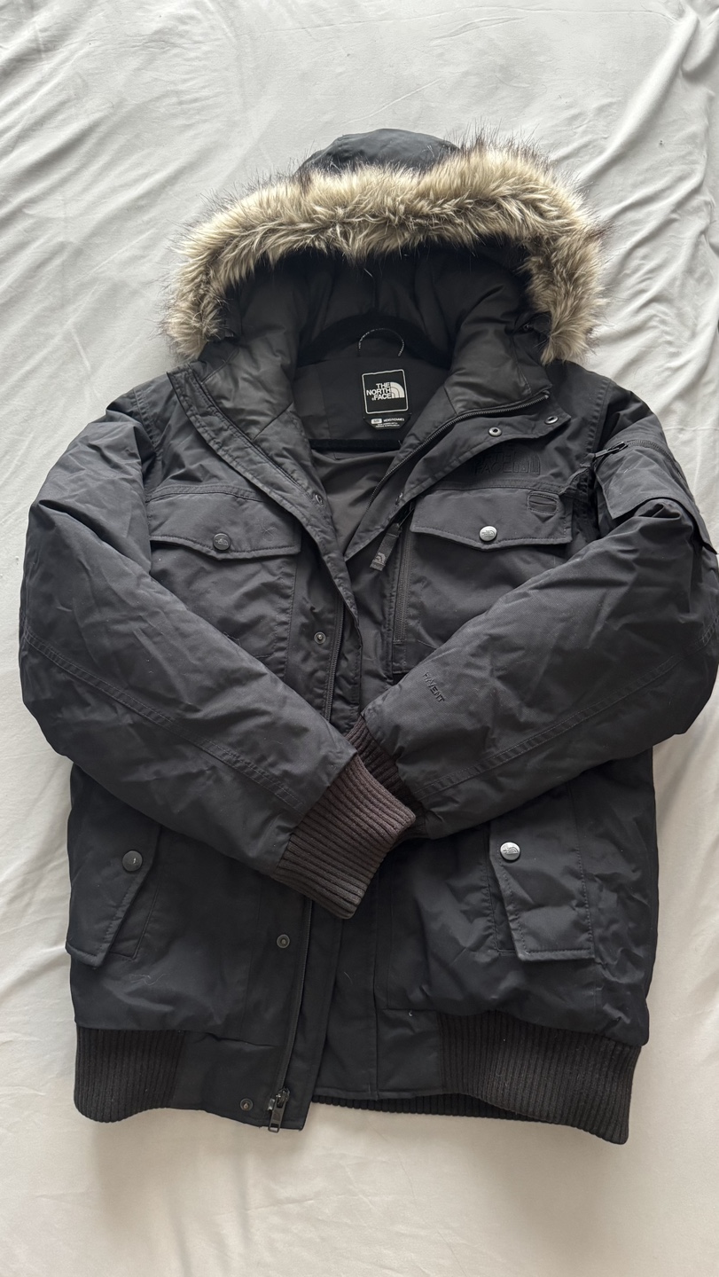 The North Face Men's Black Bomber Jacket with Faux Fur Hood