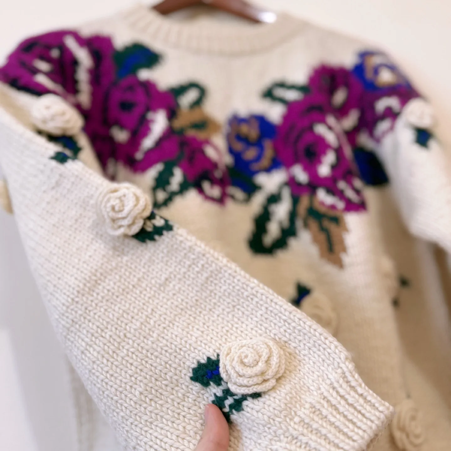 Vintage Ivory & Purple crochet rosettes Knit Sweater image indicator(4)