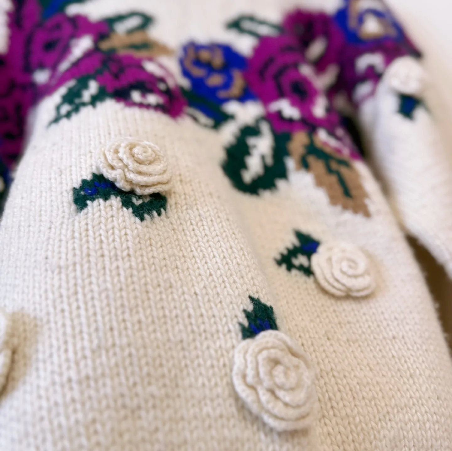 Vintage Ivory & Purple crochet rosettes Knit Sweater image indicator(5)