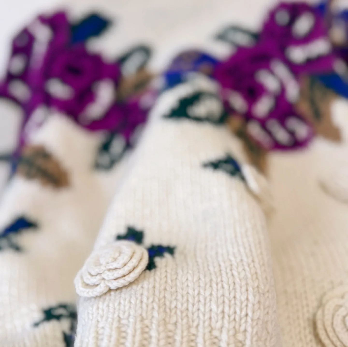 Vintage Ivory & Purple crochet rosettes Knit Sweater image indicator(8)